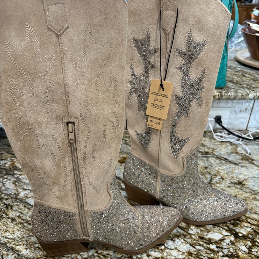 Elegant Beige Embellished Heeled Boots